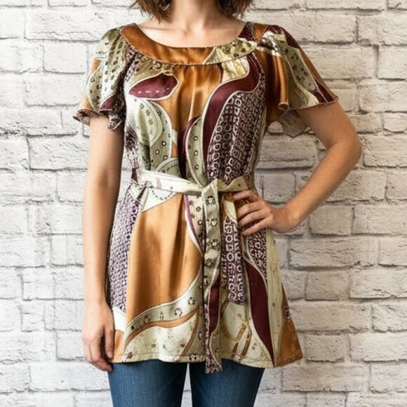 Equestrian Print Scoop Neck Belted Satin Tunic | Women's Size Small - Picture 2 of 11
